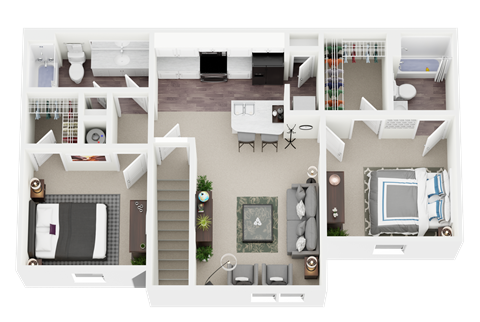 Floor plan for 2 beds, 2 baths, 1024 sqft
